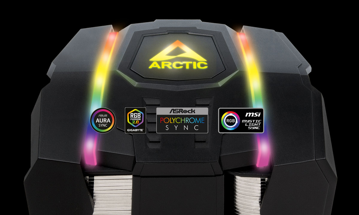  Top of the Arctic Freezer 50 TR with LED lighting on. In front of it are logos of  Asus Aura Sync, RGB Fusion, ASRock Polychrome Sync, and MSI Mystic Light Sync  